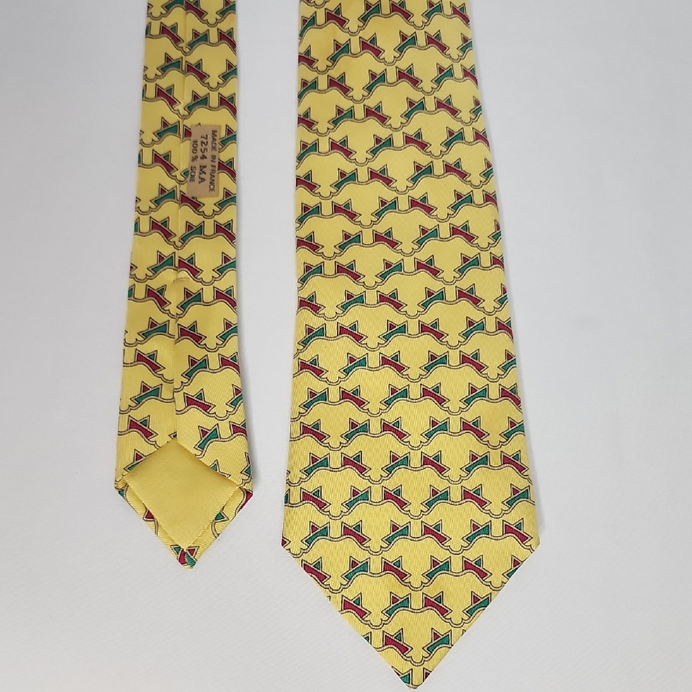 Hermes Yellow Tie with Red and Green Geometric Design - Picture 3 of 7